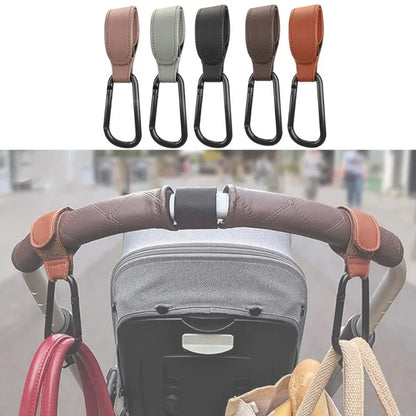 Adjustable stroller bag hanger hooks with PU straps in assorted colors, black S clips