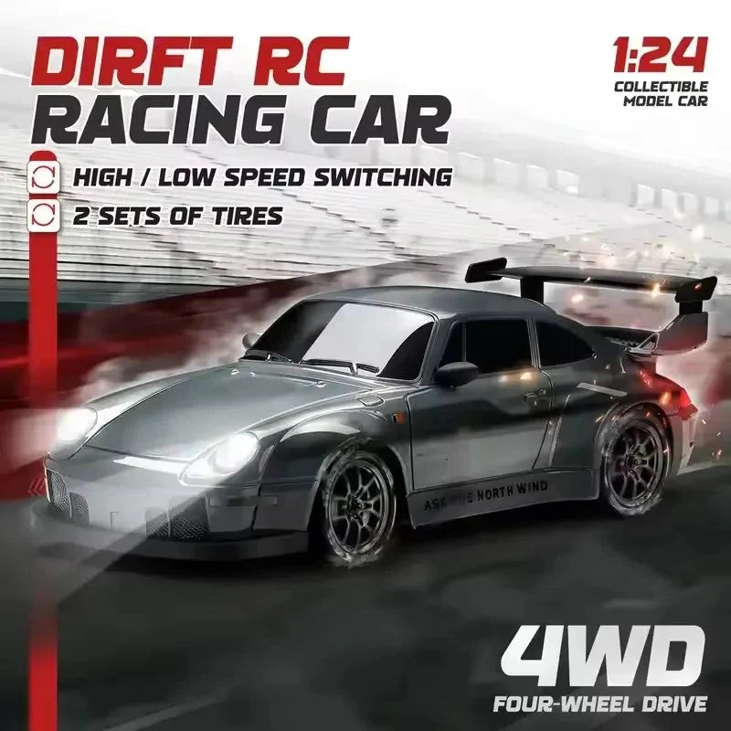 Gray 4WD RC racing car with open hood and rear spoiler, 1:24 collectible model toy