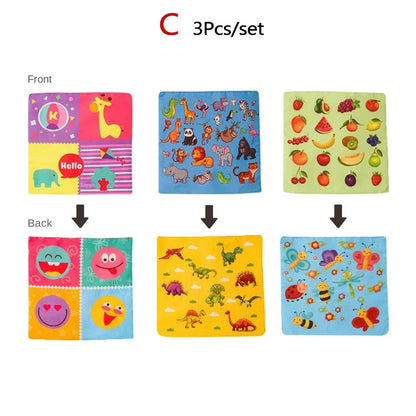 Set of three fabric tissue box covers with animal, dinosaur, and fruit prints