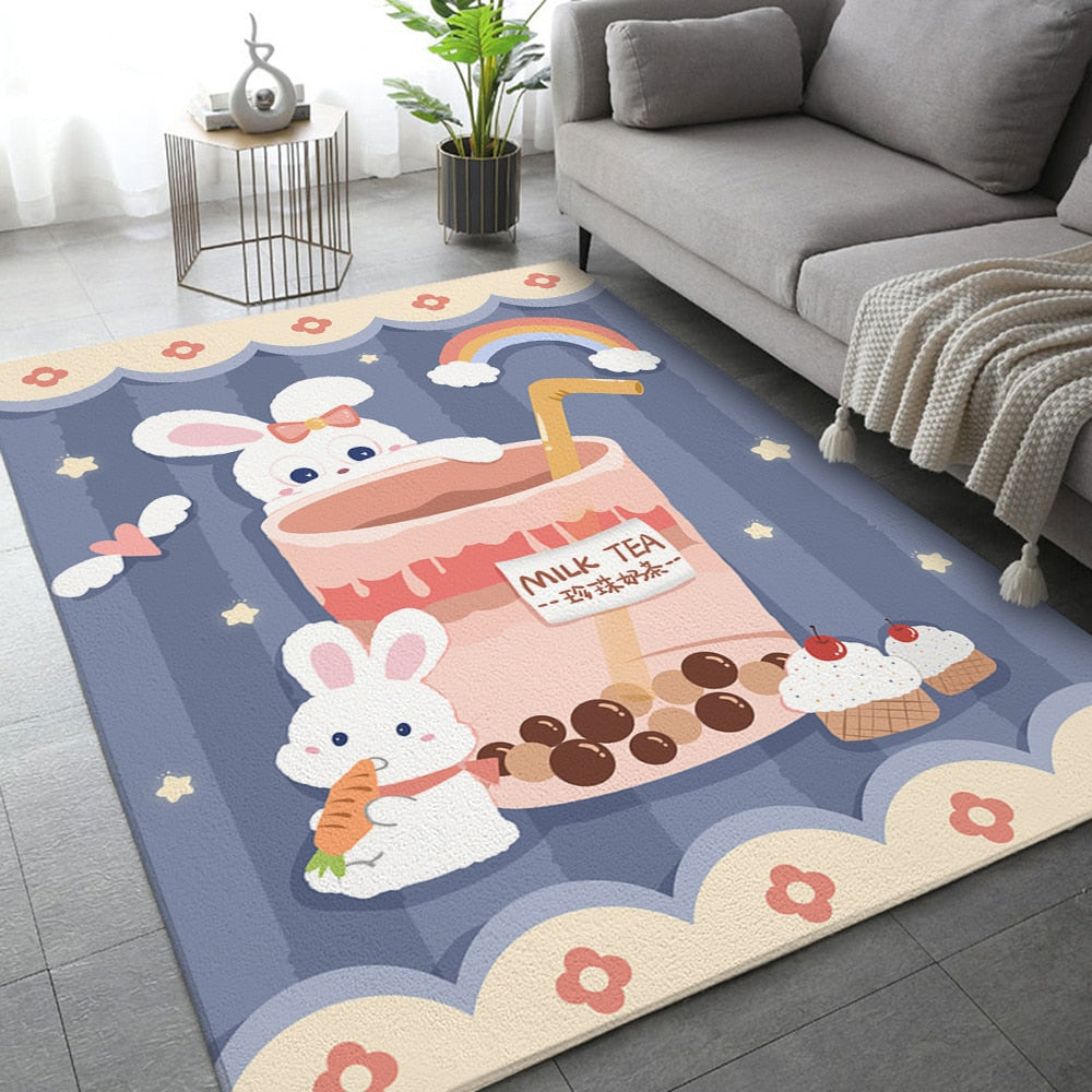 Blue rabbit tea party area rug with bunnies, stars, and teacup illustration