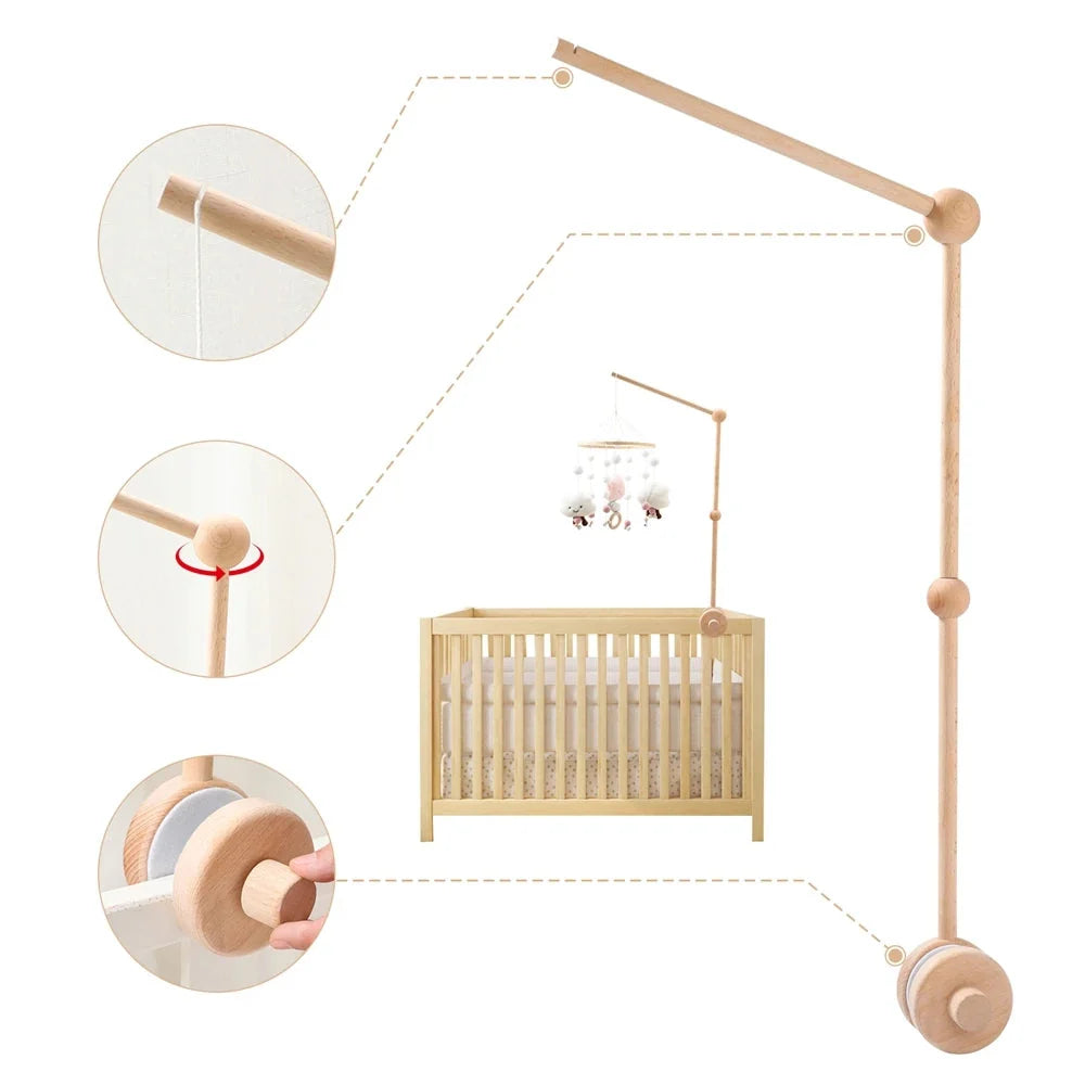 Wooden crib mobile bed bell bracket set with long arms and round mounting joints