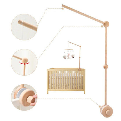 Wooden crib mobile bed bell bracket set with long arms and round mounting joints