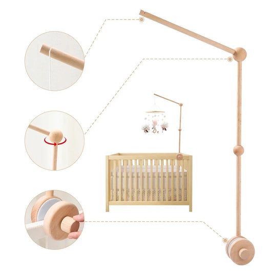 Wooden crib mobile bed bell bracket set with long arms and round mounting joints