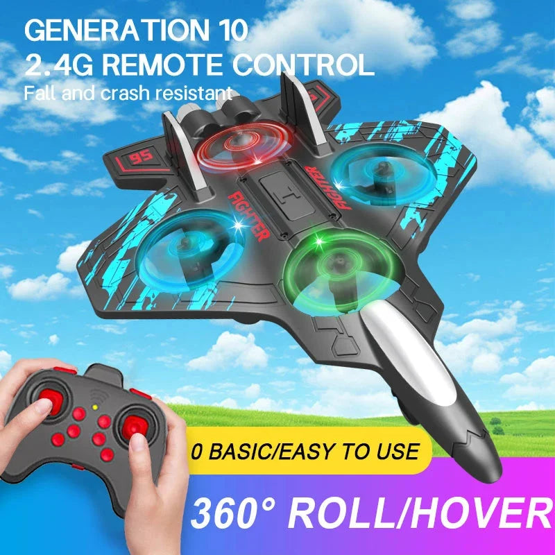 RC foam fighter jet with glowing LED lights and 2.4GHz remote controller