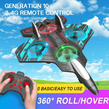 RC foam fighter jet with glowing LED lights and 2.4GHz remote controller