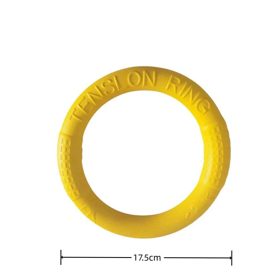 Durable dog ring toy, yellow textured rubber ring, 17.5 cm diameter