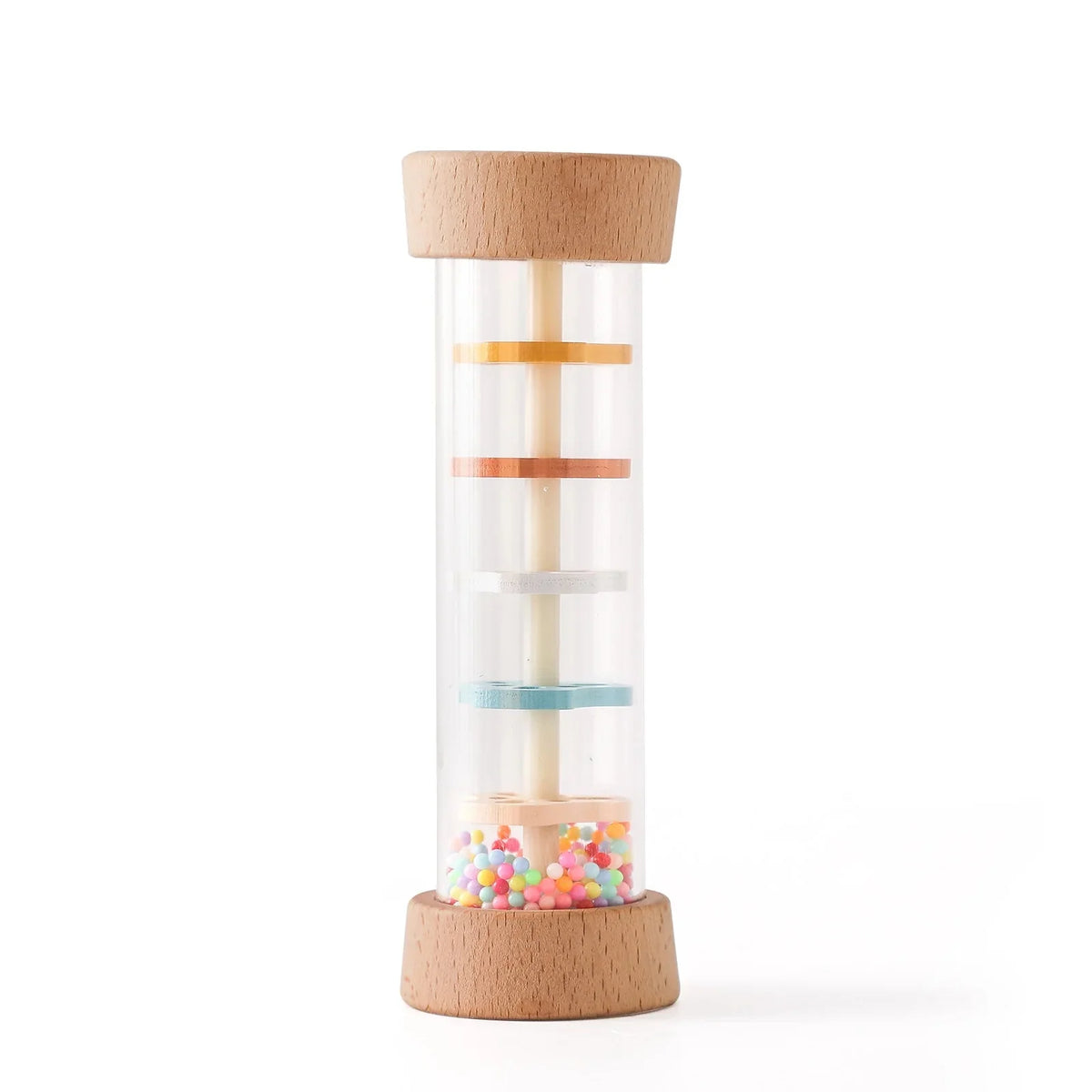 Standing rain stick toy with clear tube and colorful beads inside wooden top and base
