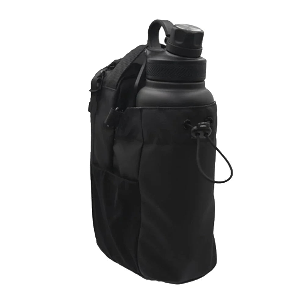 Black sling bag with water bottle holder sleeve and secure front closure straps