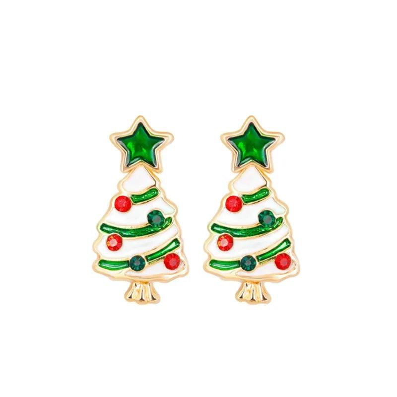 Gold-tone Christmas tree drop earrings with green star, red ornaments, and white body