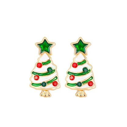 Gold-tone Christmas tree drop earrings with green star, red ornaments, and white body