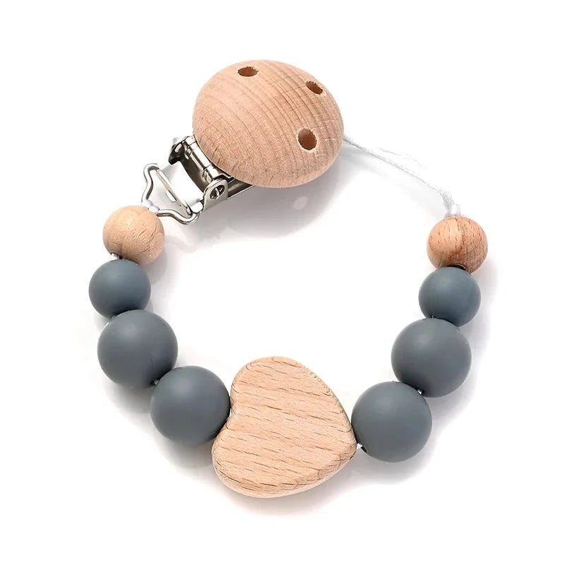 Baby pacifier clip teether chain with wood heart charm and gray-blue silicone beads
