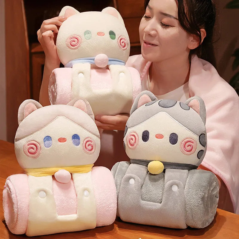 2-in-1 cat pillow blanket with plush rolling blanket and character faces, pink and light grey