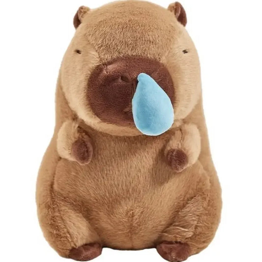 Brown capybara plush with curled seated pose and blue snout