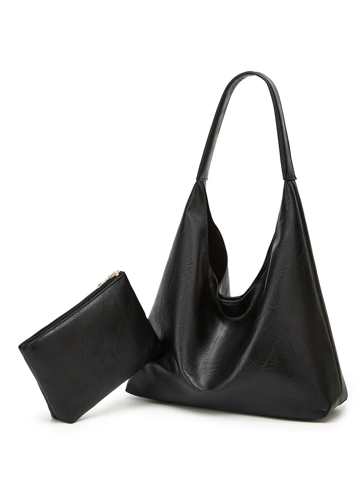 Black shoulder tote bag with matching zip pouch and wide top handle
