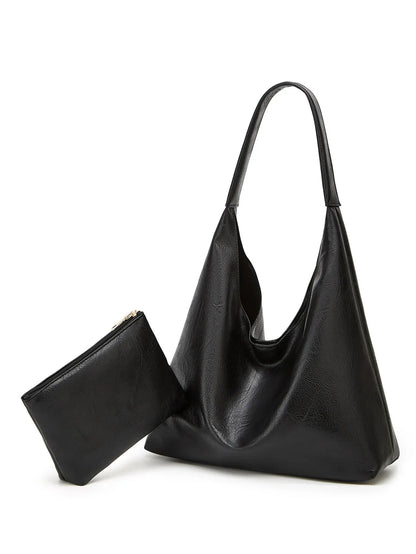 Black shoulder tote bag with matching zip pouch and wide top handle