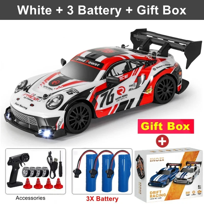 White and red 4WD RC drift car with black rear wing, front LED lights and racing wheels