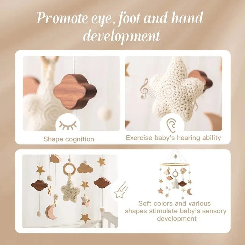 Wooden baby crib mobile with cloud, star, and animal shape hanging toys