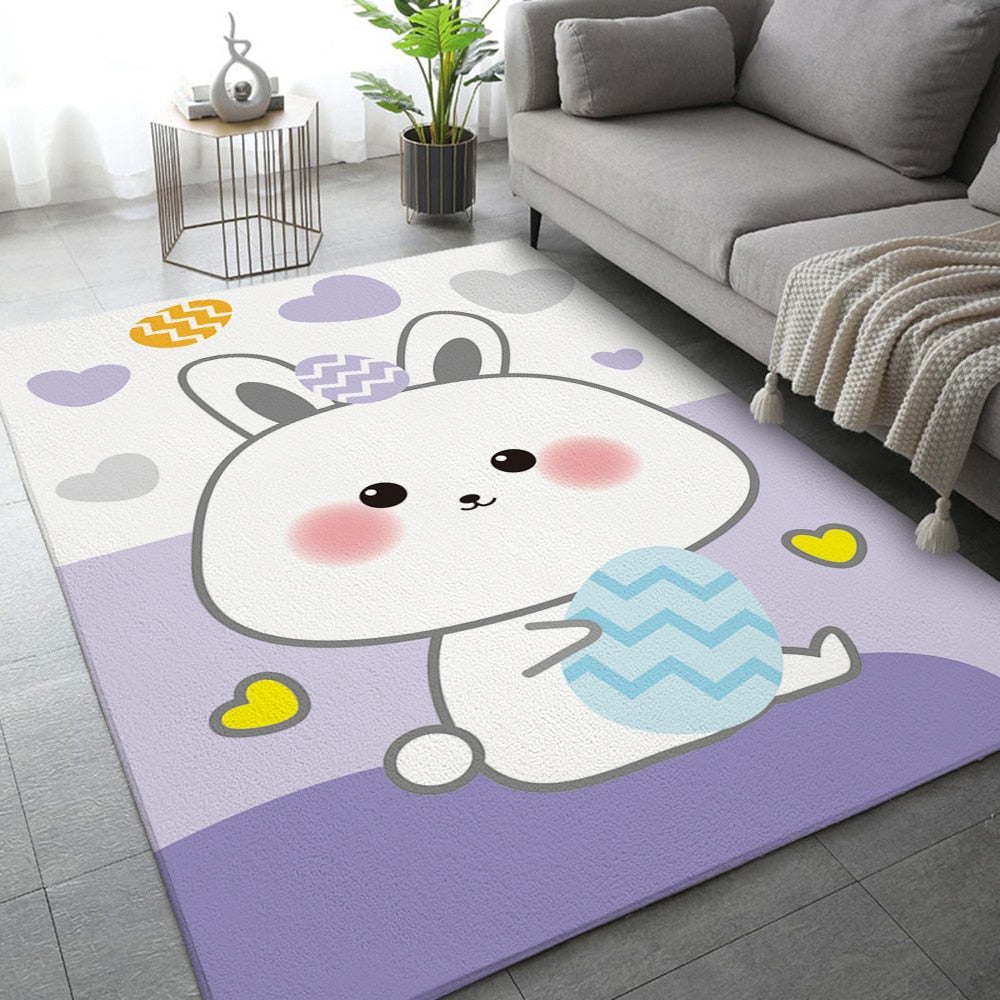 Purple rabbit area rug with cute white animal, holding blue striped yarn ball