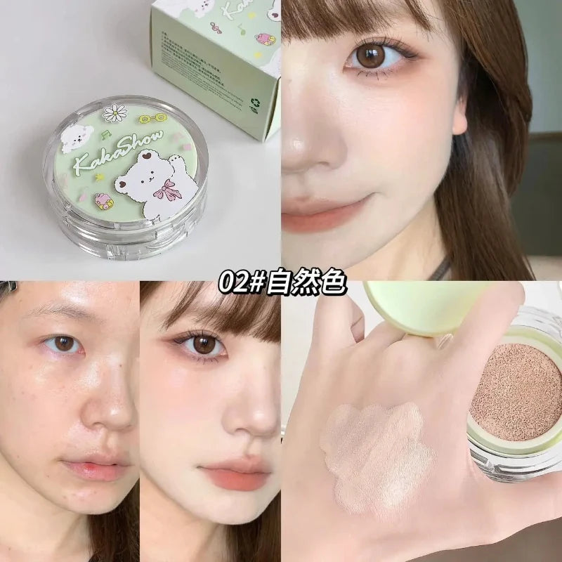 Air cushion foundation compact open with light beige cushion, showing cream shade swatches