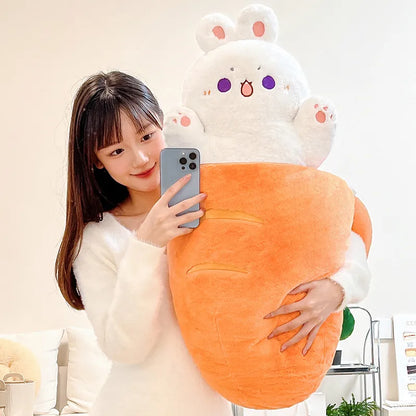 White and orange plush animal with cute face and paw-print feet, oversized hug shape