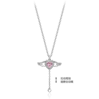 Silver-tone pink crystal heart angel wings pendant necklace with dangling heart