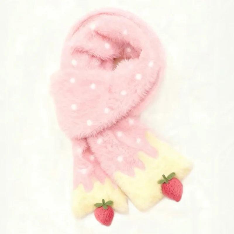 Plush scarf in pink with strawberry appliques and soft polka-dot pattern details