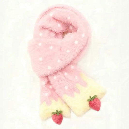 Plush scarf in pink with strawberry appliques and soft polka-dot pattern details