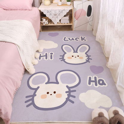 Light purple cartoon animal rug with two mice faces and small cloud accents