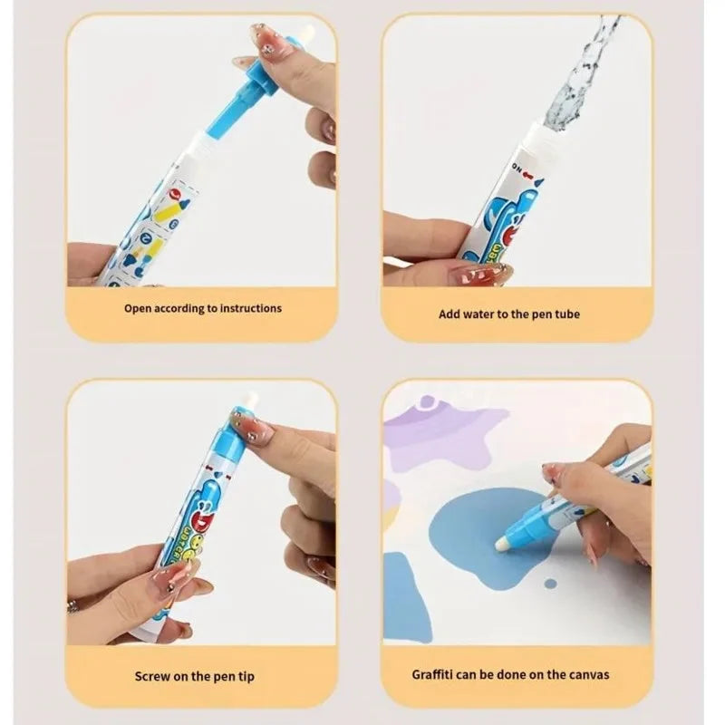 Reusable magic pen instruction steps for water-activated drawing on the canvas