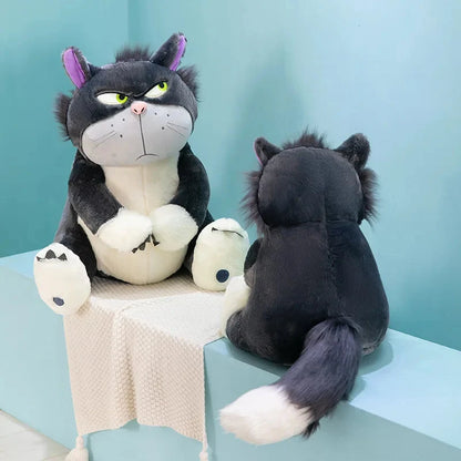 Two sitting plush cat dolls, dark gray with green eyes, purple ears, and white paws