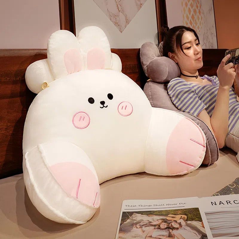 White cute rabbit reading pillow with pink blush details and long ear design