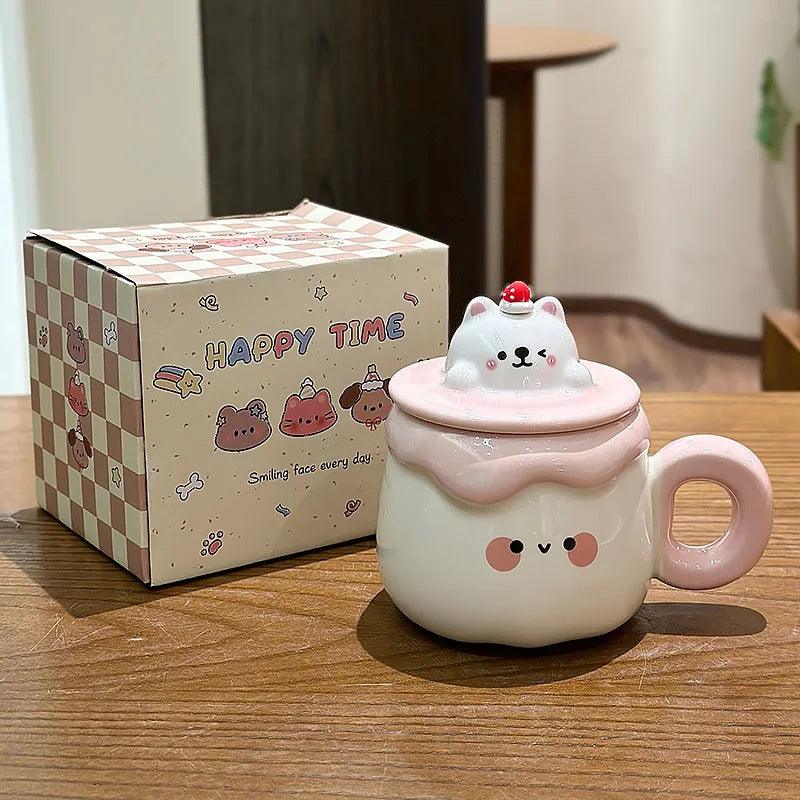 Ceramic animal pudding mug with white cat lid, cream body, pink handle