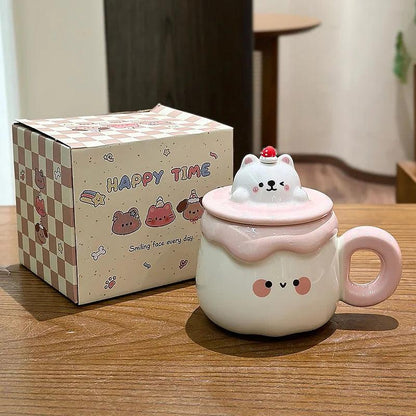 Ceramic animal pudding mug with white cat lid, cream body, pink handle