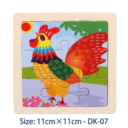 Kids wooden jigsaw puzzle with colorful rooster illustration, 11cm x 11cm