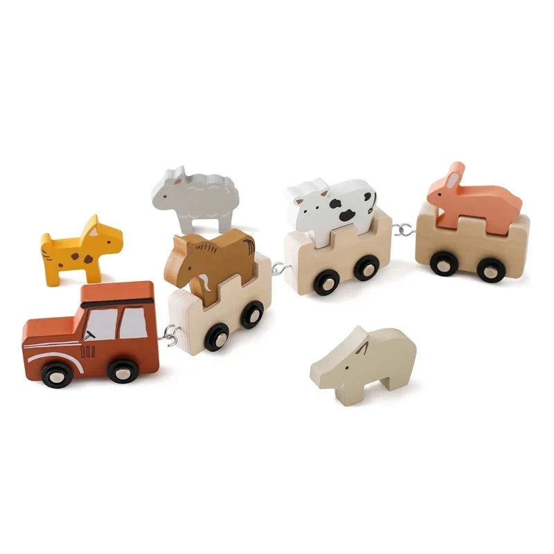 Montessori Wooden Vehicle Toys – Pull-Along Animal Train, Peg Doll Bus, Bead Aircraft & More | Natural Wood | Toddler Birthday Gift