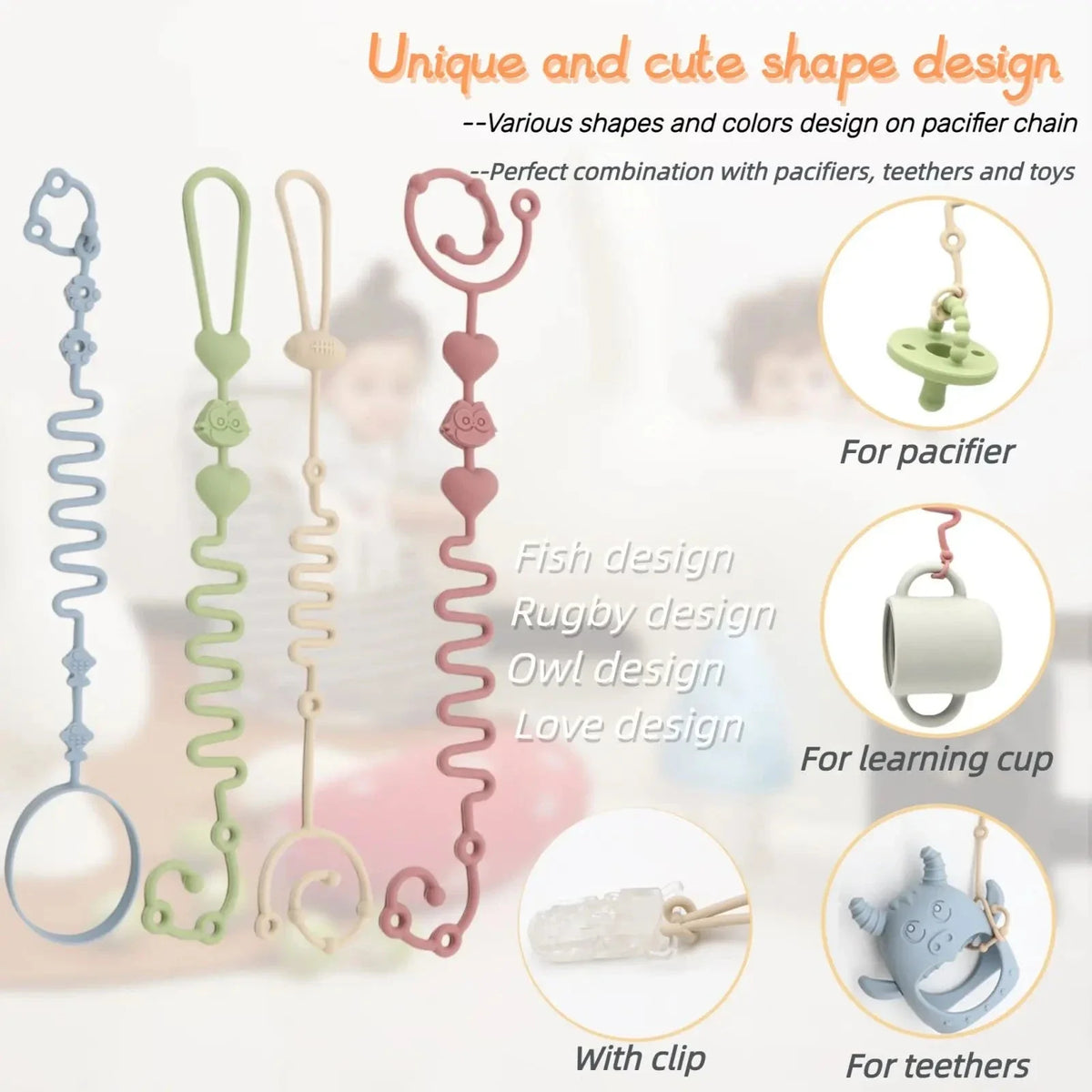 Four pastel silicone pacifier chain designs with different clip and handle shapes