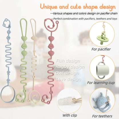 Four pastel silicone pacifier chain designs with different clip and handle shapes