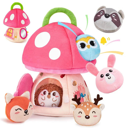 Soft plush animal playhouse toy with pink mushroom roof and animal character faces