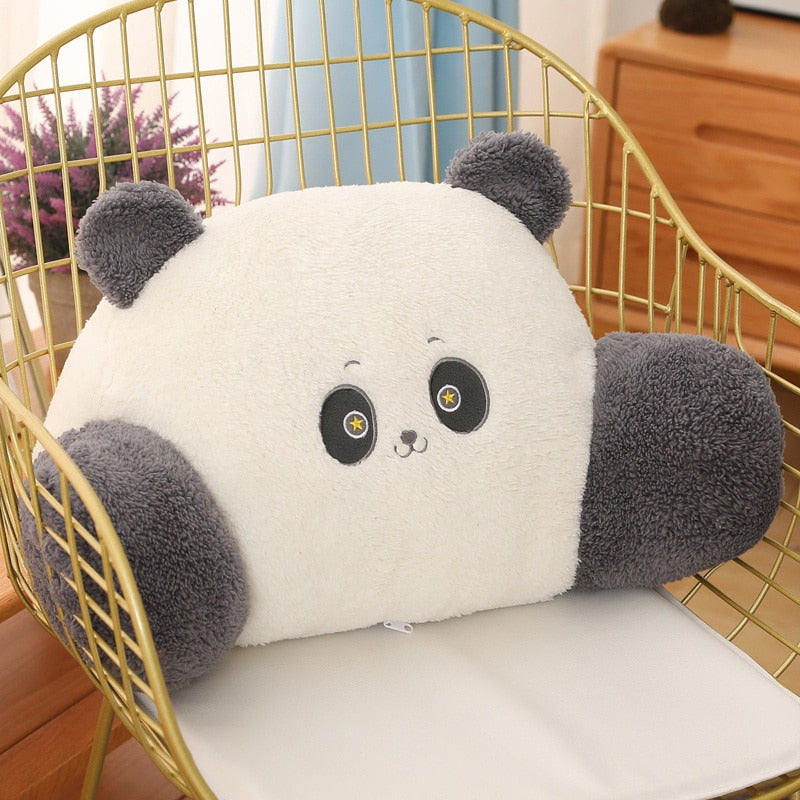 Plush panda cushion with white face, dark gray ears, and round black eyes.