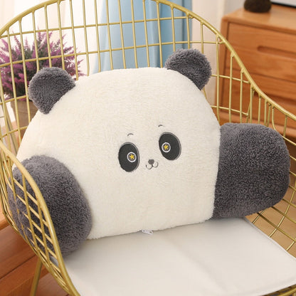 Plush panda cushion with white face, dark gray ears, and round black eyes.