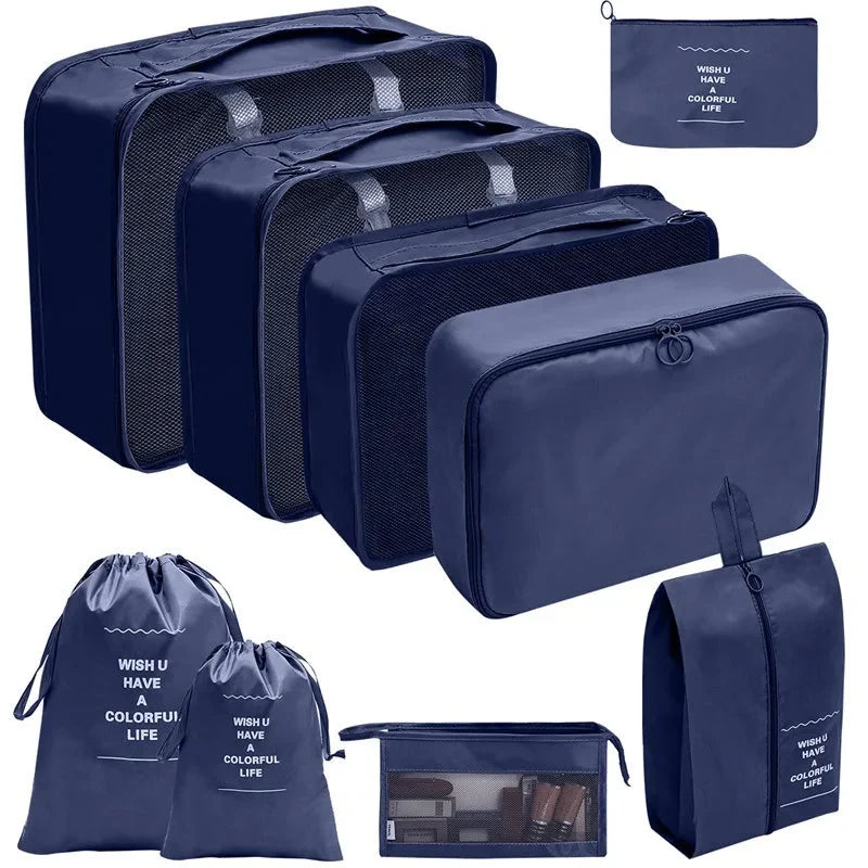 Dark navy travel packing organizer cubes set with mesh tops and matching zip pouches