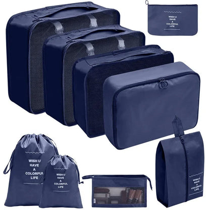 Dark navy travel packing organizer cubes set with mesh tops and matching zip pouches