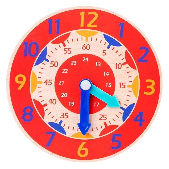 Red Montessori wooden learning clock with blue base hands and cyan hour hand