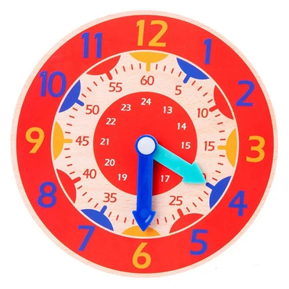 Red Montessori wooden learning clock with blue base hands and cyan hour hand