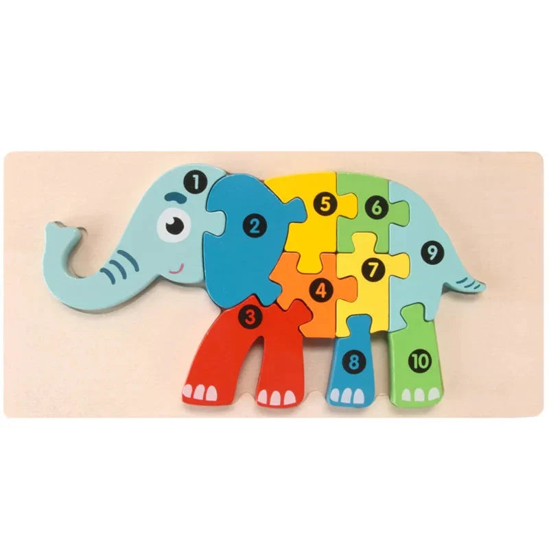 Blue, orange, and multicolor wooden dinosaur puzzle board with numbered pieces