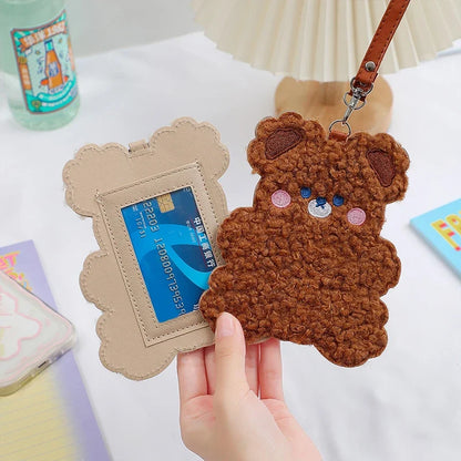 Brown plush animal photo card sleeve with clear window and tan strap