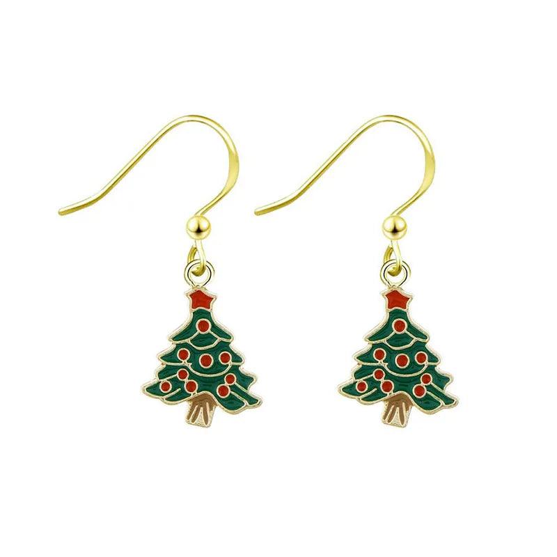 Gold-tone Christmas tree drop earrings with green enamel and red bead details