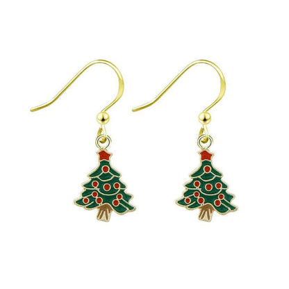 Gold-tone Christmas tree drop earrings with green enamel and red bead details