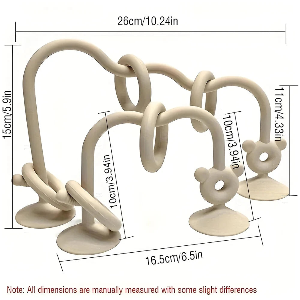 Silicone bead wrap baby learning toy with size diagram and neutral beaded loops on suction bases