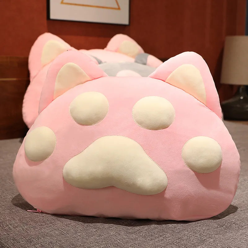 Kawaii Giant Cat Paw Pillow – Cute Cotton Cushion | Pink, Grey & White | 60x40cm & 90x55cm